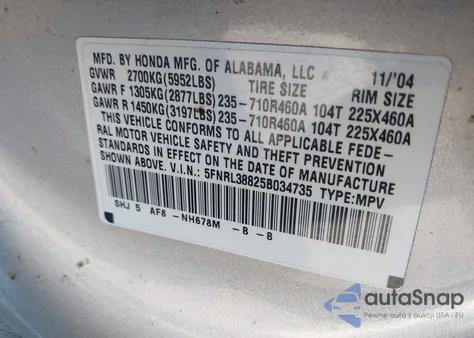 2005 Honda Odyssey Touring z USA, uszkodzony, nr VIN 5FNRL38825B034735
